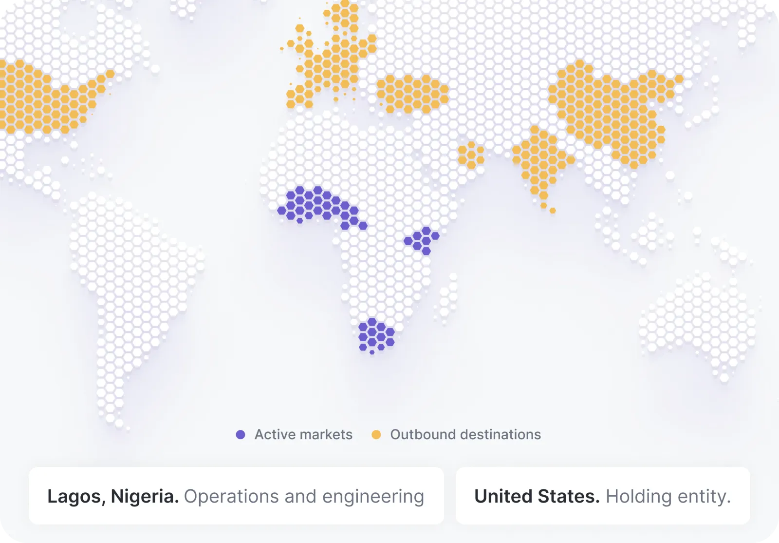 World map highlighting Betaling's active markets and outbound destinations